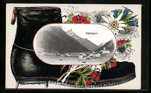 Passepartout-Lithographie Splügen, Gesamtansicht mit Bergen im Bergstiefel