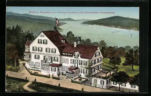 Künstler-AK Feusisberg, Hotel u. Pension zur Frohen Aussicht mit Zürichsee
