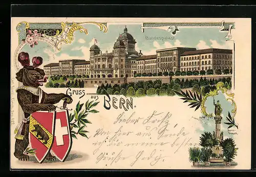Lithographie Bern, Bär mit Wappenschildern, Bundespalast