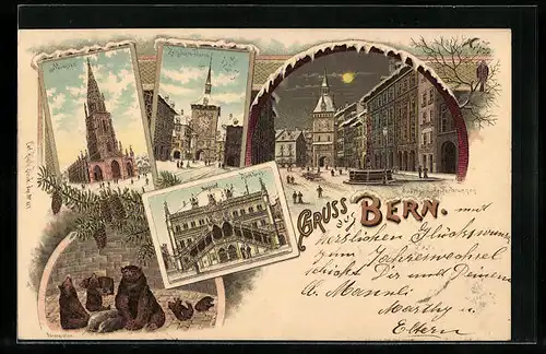 Lithographie Bern, Münster, Rathhaus, Dudelsackpfeiferbrunnen