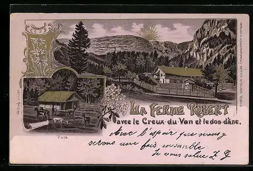 Lithographie Creux-du-Van, La Ferme Robert