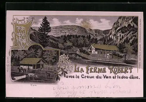 Lithographie Creux-du-Van, La Ferme Robert avec le Creux-du-Van et le dos-d`ane