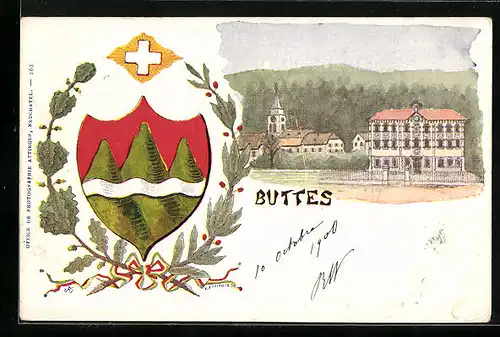 AK Buttes, Teilansicht mit Kirche, Wappen im Ehrenkranz