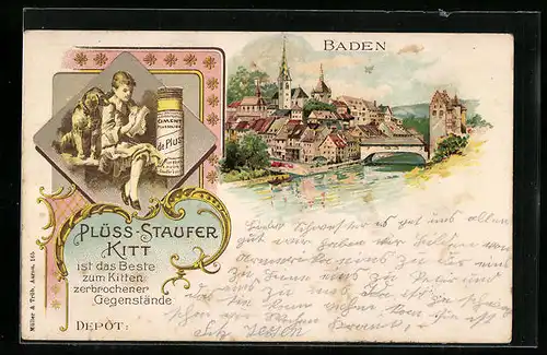 Lithographie Baden, Reklame Plüss-Staufer Kitt, Kind mit Hund, Ortsansicht