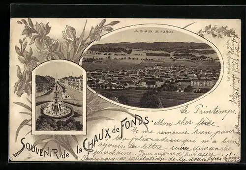 Lithographie La Chaux-de-Fonds, Teilansicht, Brunnen