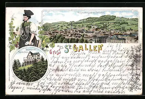 Lithographie St. Gallen, Restaurant Freudenberg, Gesamtansicht, Tracht