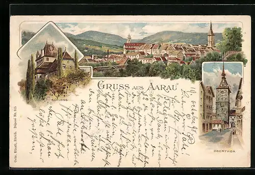 Lithographie Aarau, Oberthor, Schloss, Teilansicht aus der Vogelschau