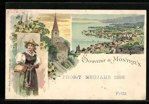 Lithographie Montreux, Ortsansicht, Kirche, Trachtenmädchen