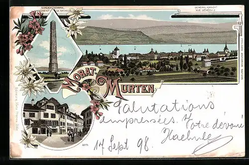 Lithographie Morat-Murten, Gesamtansicht, Schlachtdenkmal, Ortspartie mit Häusern