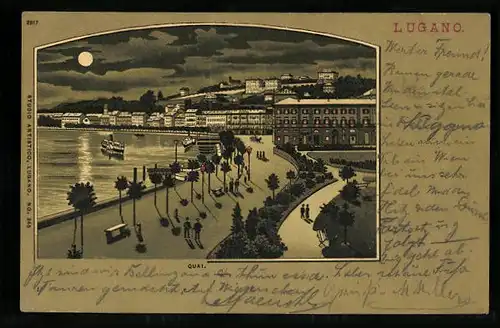 Mondschein-Lithographie Lugano, Quai mit Passanten und Dampfern