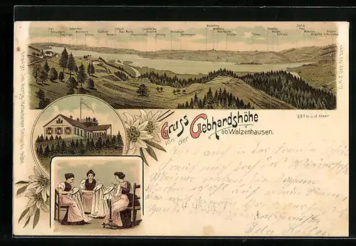 Lithographie Walzenhausen, Gasthaus Gebhardshöhe, Näherinnen, Gesamtansicht mit Gebirgspanorama