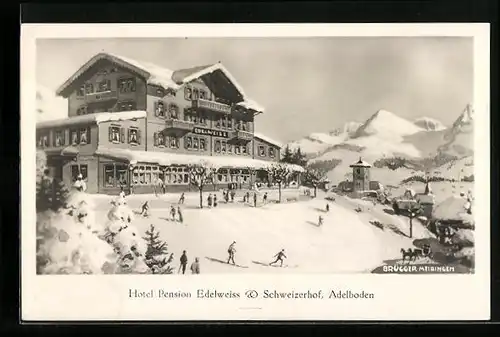 AK Adelboden, Hotel Pension Edelweiss & Schweizerhof im Winter, mit Ortsblick und Skiläufern