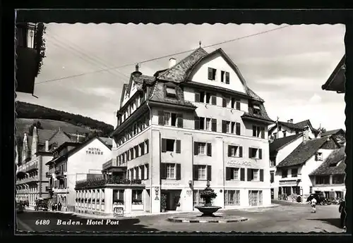 AK Baden, Hotel Post mit Brunnen