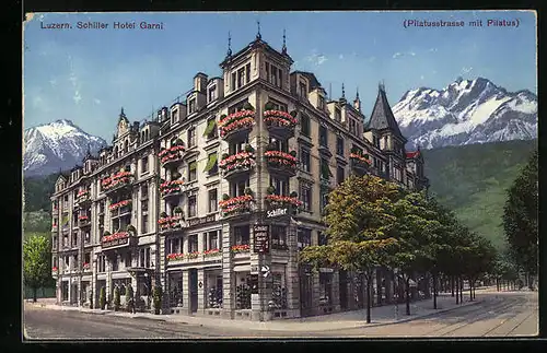 AK Luzern, Schiller Hotel Garni, Pilatusstrasse mit Pilatus