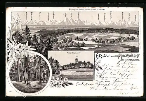 Lithographie Reisiswil, Aussichtsthurm Hochwacht, Alpenpanorama mit Jungfrau, Eiger u. Mönch