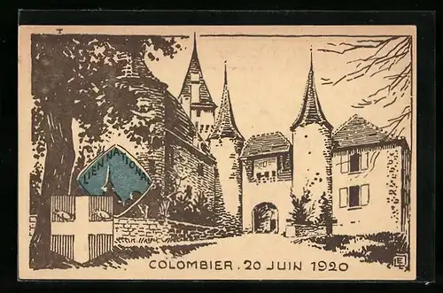 Künstler-AK Colombier, Lien National 1920, Ortspartie mit Kirche, Wappen