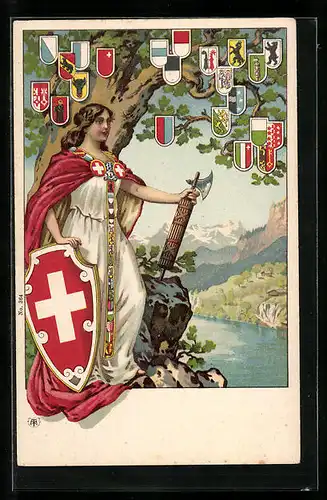 Lithographie Schweiz, Helvetia mit Wappenschild, Baum mit Kantons-Wappen