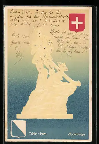 Präge-Künstler-AK Zürich, Alphornbläser am Zürich-Horn, Wappen