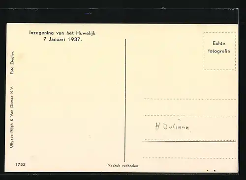 AK Königspaar von den Niederlanden, Inzegening van het Huwelijk 1937