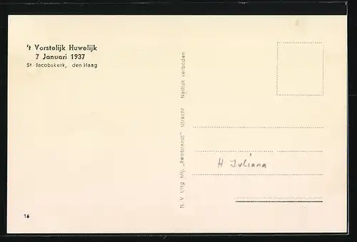 AK Den Haag, St. Jacobskerk, `t Vorstelijk Huwelijk 1937, Königin Juliana von den Niederlanden