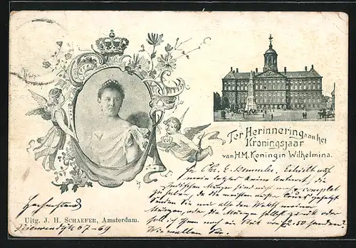 AK Kroningsjaar van H. M. Koningin Wilhelmina von den Niederlanden, Gebäudeansicht mit Denkmal