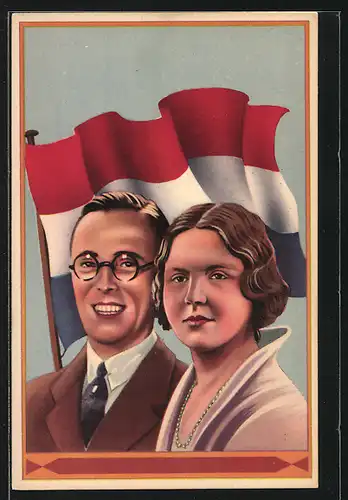 AK Juliana und Prinz Bernhard von den Niederlanden und Flagge