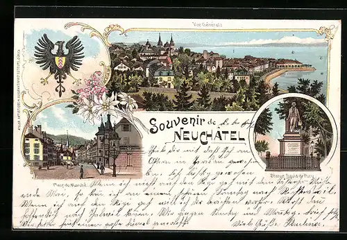 Lithographie Neuchâtel, Vue Générale, Palce du Marché, Statue David de Pury