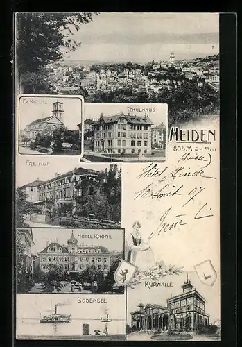 AK Heiden, Generalansicht, Ev. Kirche, Schulhaus, Freihof, Hotel Krone