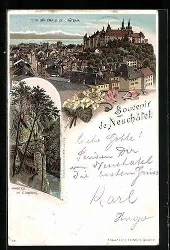 Vorläufer-Lithographie Neuchâtel, 1895, Vue générale et château, gorges de l`areuse
