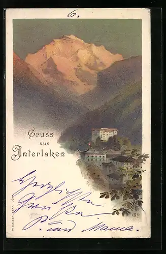 Künstler-AK Carl Biese: Interlaken, Teilansicht mit Bergpanorama