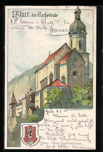 Lithographie Chur, Blick auf die Kathedrale, Wappen