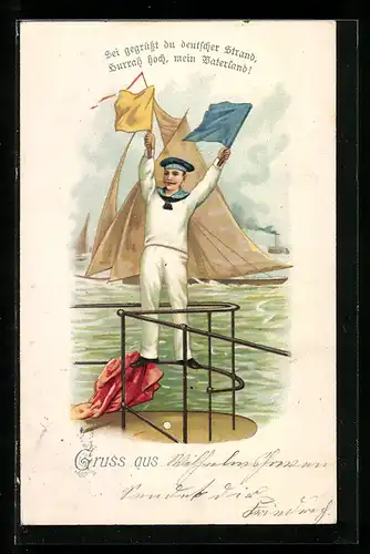 Künstler-AK Matrose auf einem Kriegsschiff gibt Fahnensignale