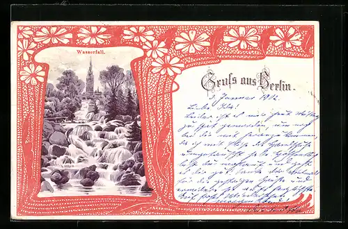 AK Berlin, Gruss aus der Stadt mit Wasserfall