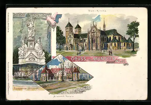 Lithographie Münster, Ludgerus-Brunnen, Bischofl. Palais, Dom-Kirche