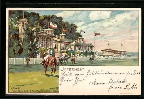 Lithographie Iffezheim, Reiter auf der Pferderennbahn