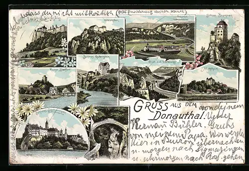 Lithographie Beuron, Panorama mit Kloster, Schloss Werenwag, Schloss Bronnen, Schloss Gutenstein