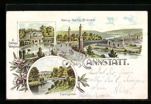 Lithographie Cannstatt, Inselspitze, König-Karls-Brücke, K. Schloss Wilhelma