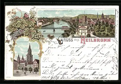 Lithographie Heilbronn, Neckaransicht mit Götzenturm, Kilianskirche