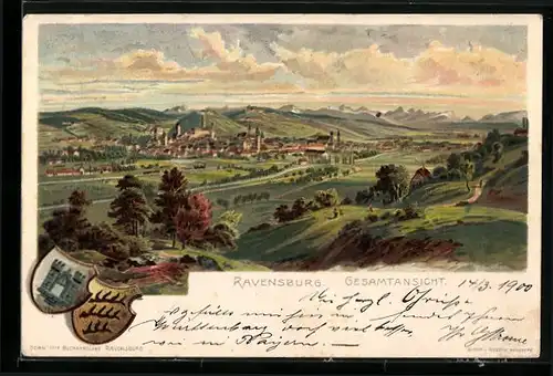 Lithographie Ravensburg, Gesamtansicht, Wappen