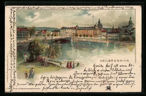 Lithographie Heilbronn, Panorama mit Neckarbrücke