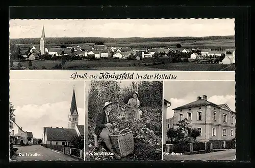 AK Königsfeld, Dorfstrasse, Hopfenpflücker, Schulhaus