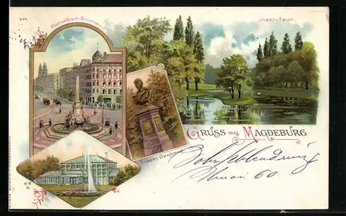 Lithographie Magdeburg, Friesen-Denkmal, Grusonsches Gewächshaus, Hasselbach-Brunnen