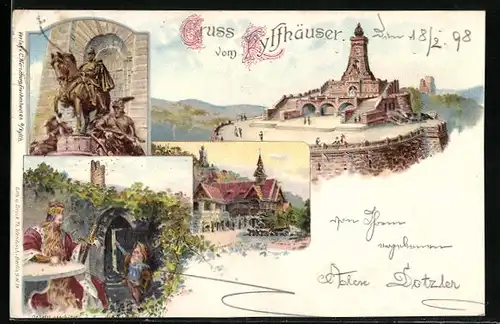 Lithographie Kyffhäuser, Kaiser Wilhelm-Denkmal, Reiterstandbild, Wirtschaft