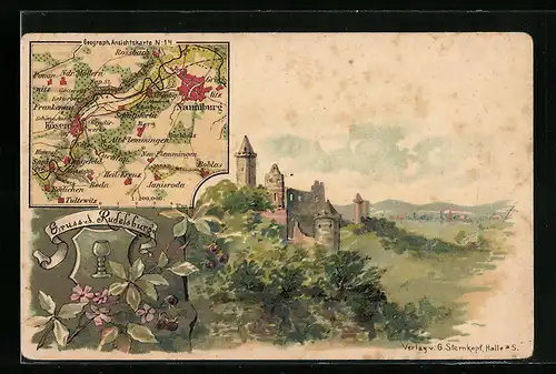 Lithographie Naumburg, Landkarte, Rudelsburg