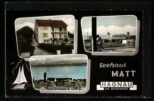 Passepartout-AK Hagnau /Bodensee, Gasthof Seehaus Matt mit Terrasse, Ortsansicht mit Schweizer Alpen