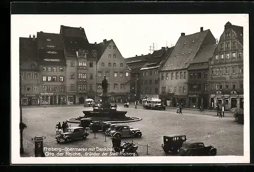 AK Freiberg /Sa., Obermarkt mit Denkmal Otto der Reiche, Autobus
