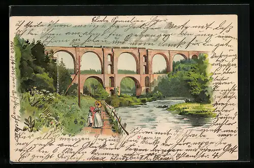 Lithographie Plauen, Flusspartie mit Viadukt