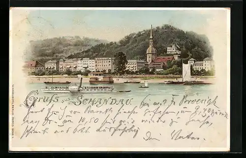 Lithographie Schandau, Uferpartie mit Dampfer Pillnitz