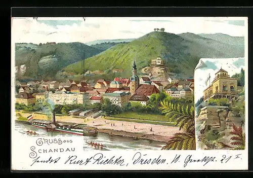 Lithographie Schandau, Gasthaus Schlossbastei, Totalansicht