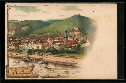 Lithographie Schandau, Ortsansicht mit Elbdampfer